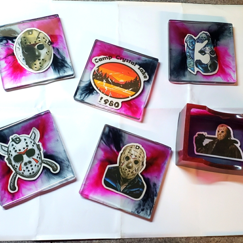 Jason Themed Coasters + Holder/Horror/Resin Coasters/Square/5pc plus holder